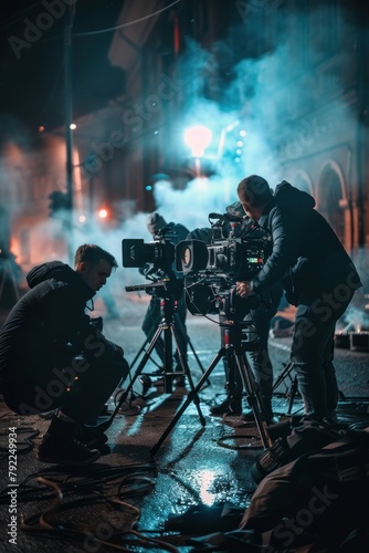 Group of movie crew members filming scenes on a film set during the night shift, capturing cinematic moments under artificial lighting, Generative AI