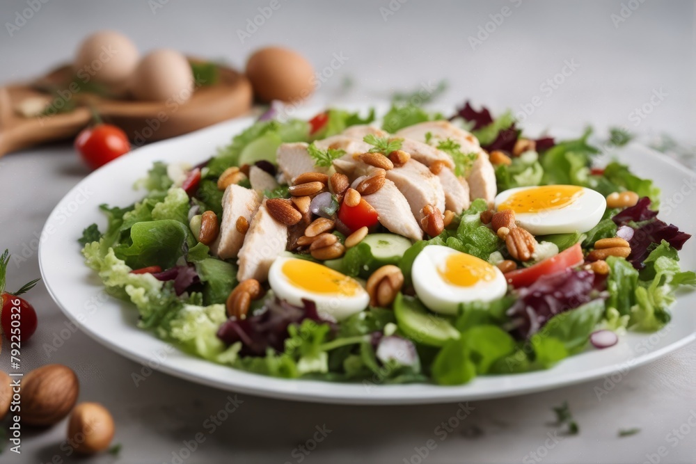 'delicious salad chicken nuts egg vegetables food meat tomatoes green healthy breast arugula grilled plate diet lettuce dinner fresh roasted meal vegetable red background cherry onion fillet white'