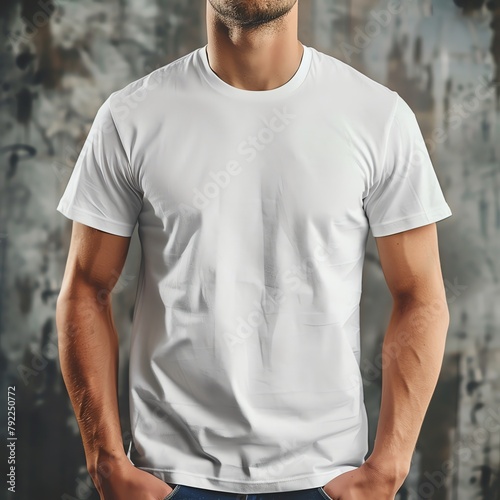 Men's White T-Shirt Mockup dull wall background © anang