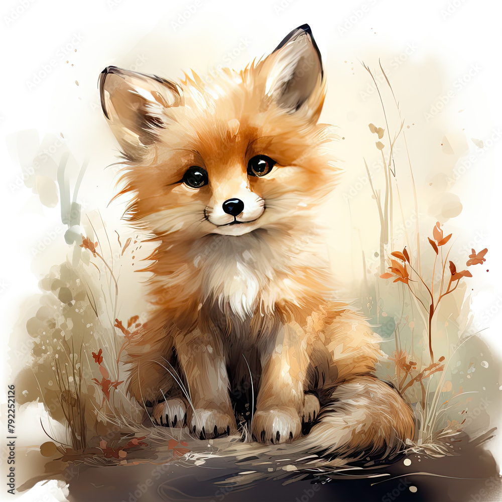Obraz premium Watercolor fox sitting on the moon, clipart Illustration, Generative Ai
