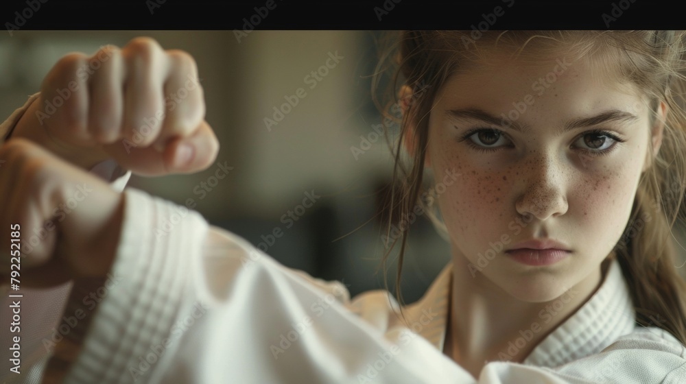 Closeup of a teenage girl practicing her martial arts moves in a dojo her strong and confident body language reflecting her dedication to mastering the techniques and empowering herself . Closeup of a teenage girl practicing her martial arts moves in a dojo her strong and confident body language reflecting her dedication to mastering the techniques and empowering herself .