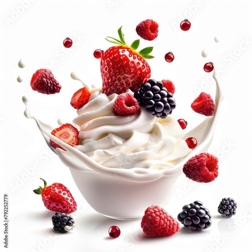 smooth, soft yogurt in the air, on top of a wave of yogurt, strawberries, blackberries, raspberries lie softly, white background 