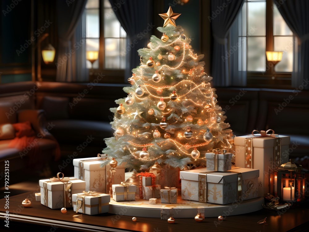 Christmas tree with gifts in the living room. 3d rendering.