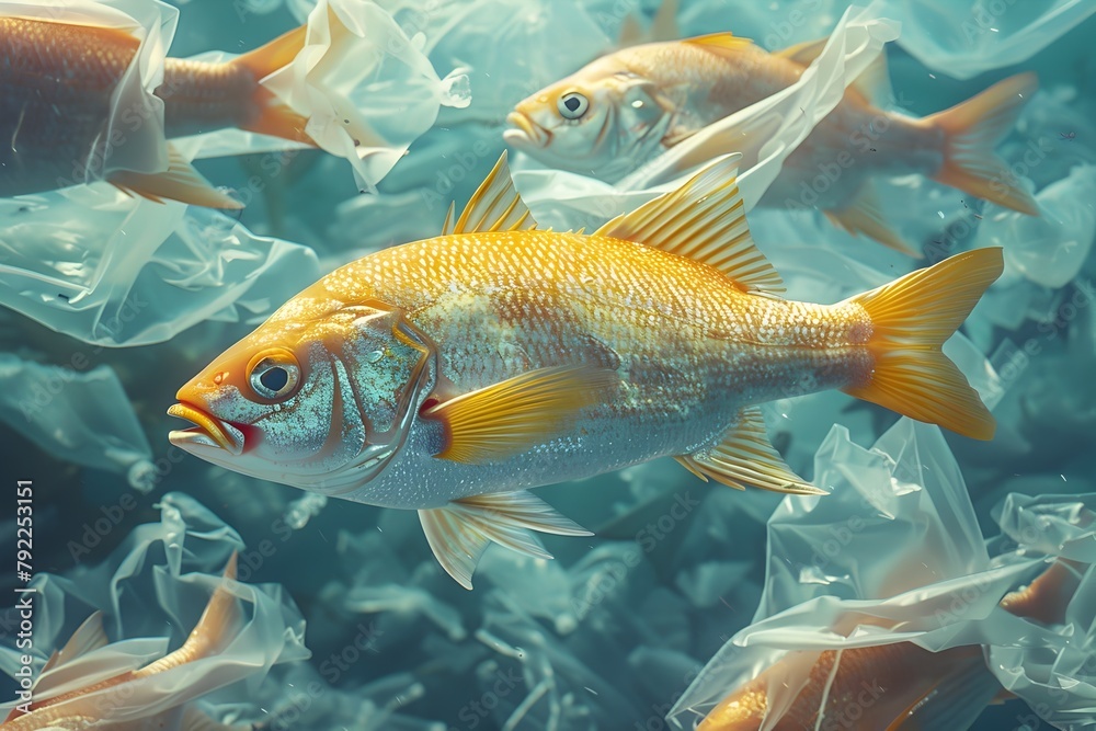 Naklejka premium Underwater School of Fish Surrounded by Plastic Pollution in the Ocean