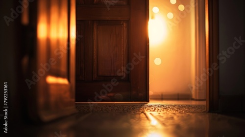 Softly blurred background of a hidden backdoor beckoning with a warm glow in the darkness. . photo