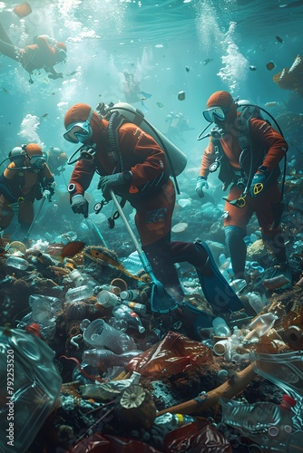 Divers Collaborating to Restore Underwater Marine Ecosystem by Removing Plastic Debris