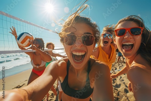 Group of Happy Friends Playing Volleyball on Sunny Beach with Crashing Waves