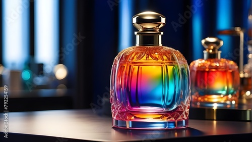 "A bottle of perfume, emitting a vibrant hue of bright color, sits on a sleek, modern vanity. The perfume bottle is cylindrical in shape, made of transparent glass, reflecting the light beautifully. T