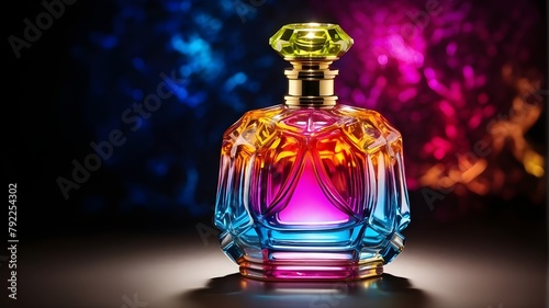perfume bottle on black, A vibrantly colored perfume bottle is illuminated.
