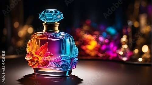 bottle of perfume, A vibrantly colored perfume bottle is illuminated. photo