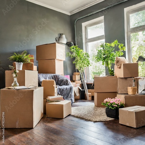 Room filled with stacks of moving boxes photo