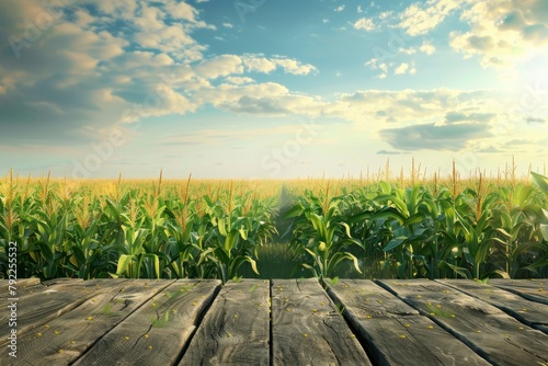Sweet corn field and wooden table at Agriculture corn. 3D illustration, of free space for your texts and branding - generative ai photo