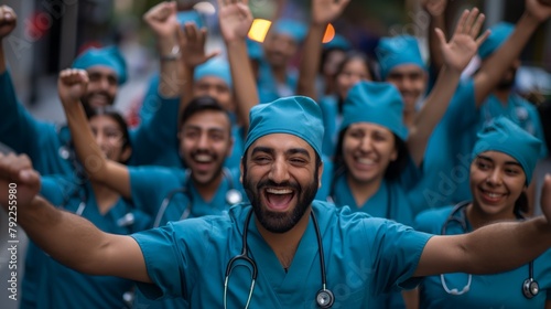 Joyful healthcare workers celebrating in scrubs, Concept of teamwork, medical success, and professional happiness