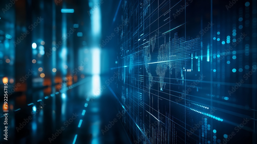 Detailed blue digital data screen with world map, concept of global communication, networking, and information technology Detailed blue digital data screen with world map, concept of global communication, networking, and information technology