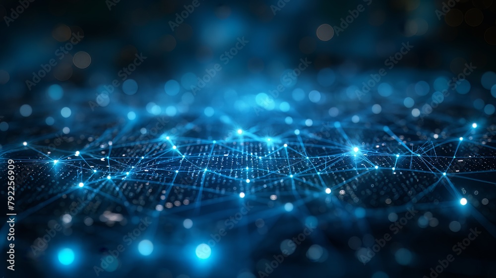 Digital network web spread across dark blue backdrop, Concept of connectivity, technology, and complex systems Digital network web spread across dark blue backdrop, Concept of connectivity, technology, and complex systems