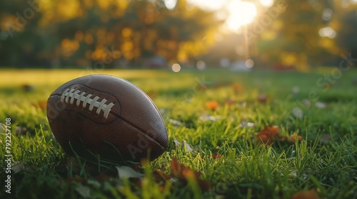 American Football on Autumn Grass Field at Sunset, Concept of Team Sports and Active Lifestyle