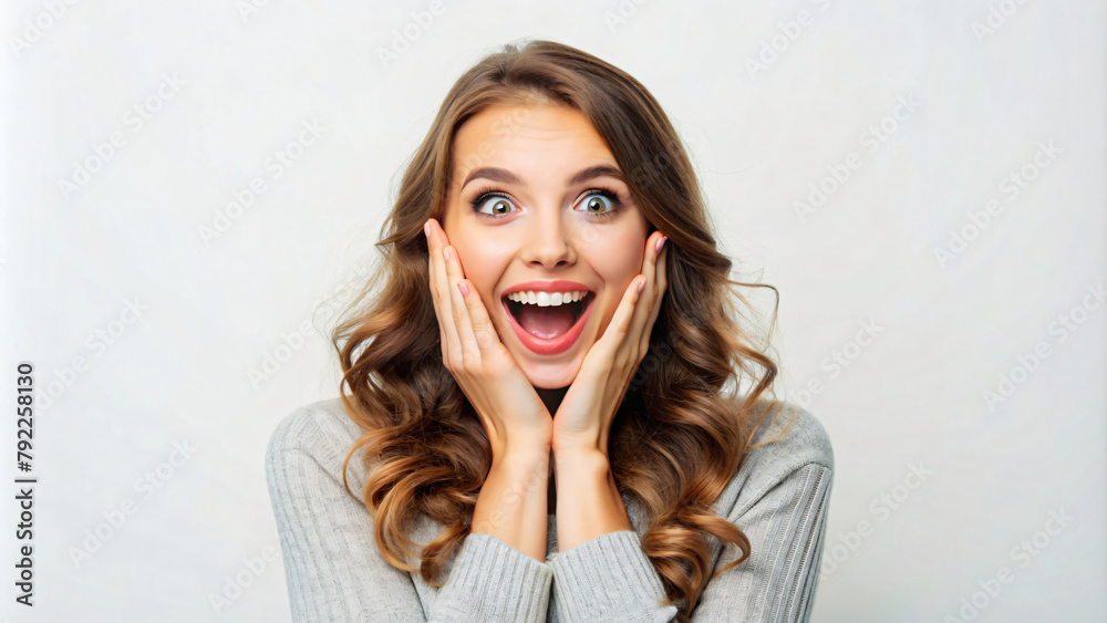 Surprised Woman Portrait with a Joyful Smile and Wide Eyes Surprised Woman Portrait with a Joyful Smile and Wide Eyes