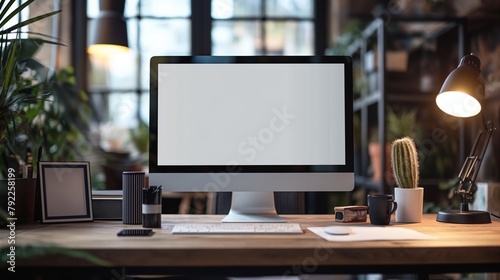 Modern computer on a desk with blank screen in a stylish interior workspace - Concept of technology, design, and workspace © Suryani