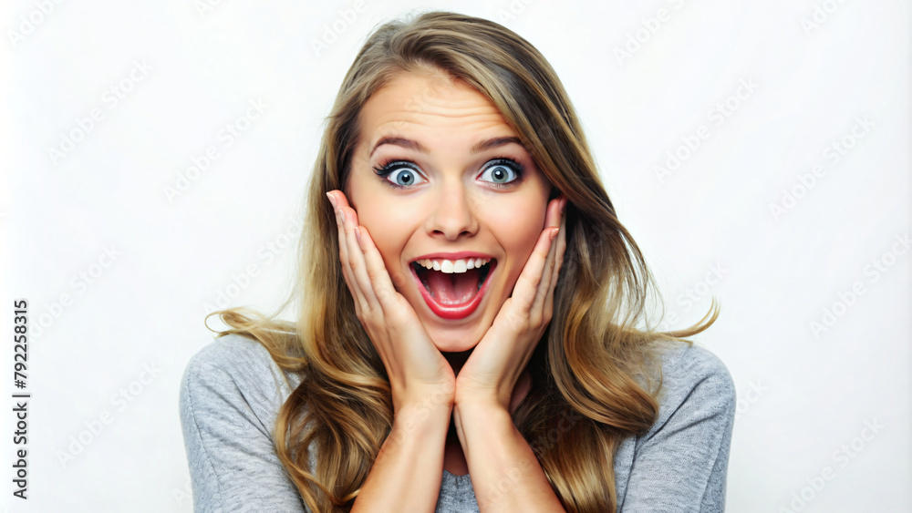 Surprised Woman Portrait with a Joyful Smile and Wide Eyes Surprised Woman Portrait with a Joyful Smile and Wide Eyes