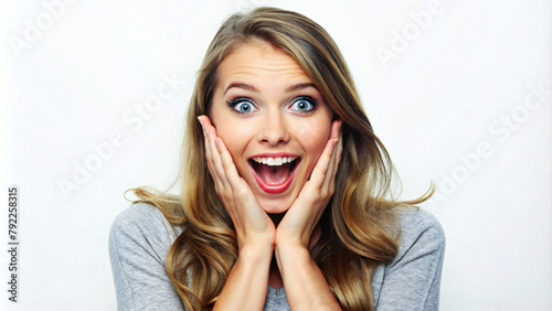 Surprised Woman Portrait with a Joyful Smile and Wide Eyes