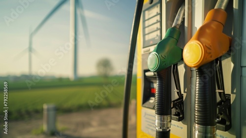 A closeup of a fuel pump shows the label biofuel next to the usual gasoline and diesel options. In the background a wind turbine can be seen showcasing the various forms of clean and . photo