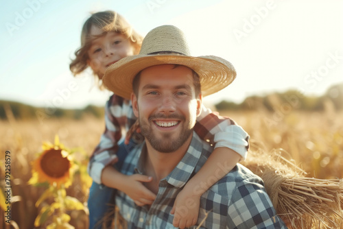 Heartwarming Portrait of Father and Child Enjoying a Sunny Day in the Sunflower Field