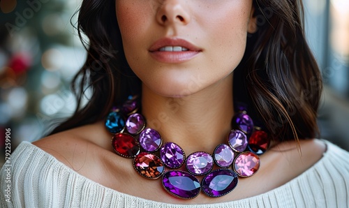 closeup of a woman wearing a statement necklace with vivid gemstones 