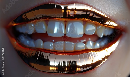 Close-up of Womans Mouth With Gold Lip, 