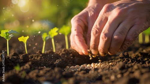 A close-up of a person's hands releasing a handful of seeds into the soil, planting hope for the future. 