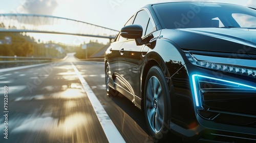 Closeup of a hydrogenpowered vehicle on the road The smooth and quiet ride of a hydrogen fuel cell vehicle can be seen emitting zero emissions and contributing to a cleaner environment. . © Justlight