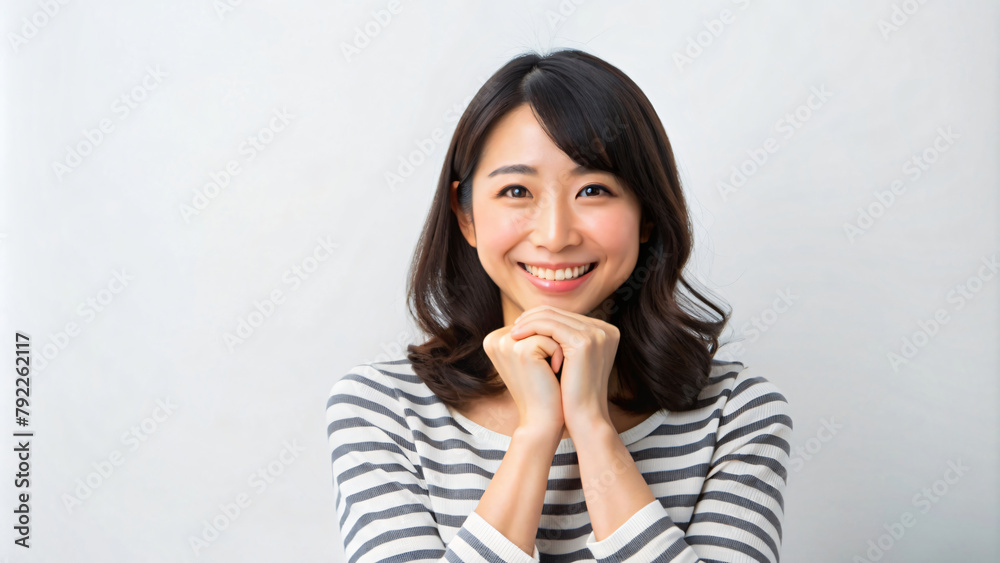 Happy young Japanese model in a studio with a thoughtful smile Happy young Japanese model in a studio with a thoughtful smile