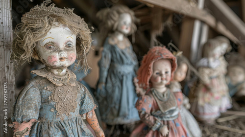 A oncegrand barn now weathered and decayed is home to a collection of faded porcelain dolls their cracked limbs and chipped faces adding to the eerie aura of the scene. .