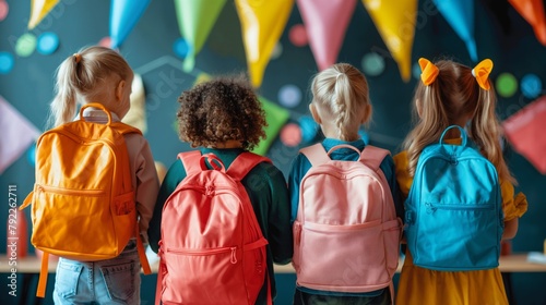 Rear view of four children with colorful backpacks facing a decorative wall  concept of back to school and childhood friendship