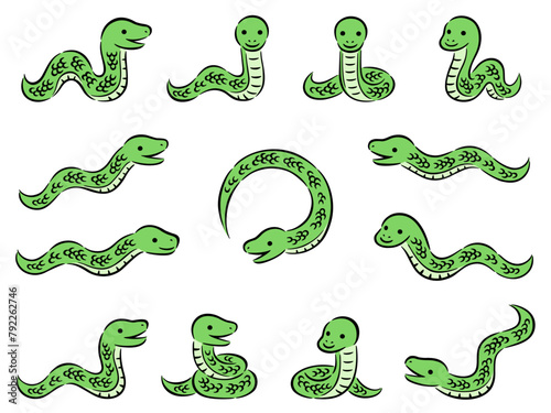 筆描き調の緑の蛇のイラストセット