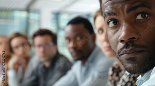 Closeup of a group of coworkers in a meeting room their faces serious as they discuss flexible work options. They are utilizing available resources at their workplace to find ways .