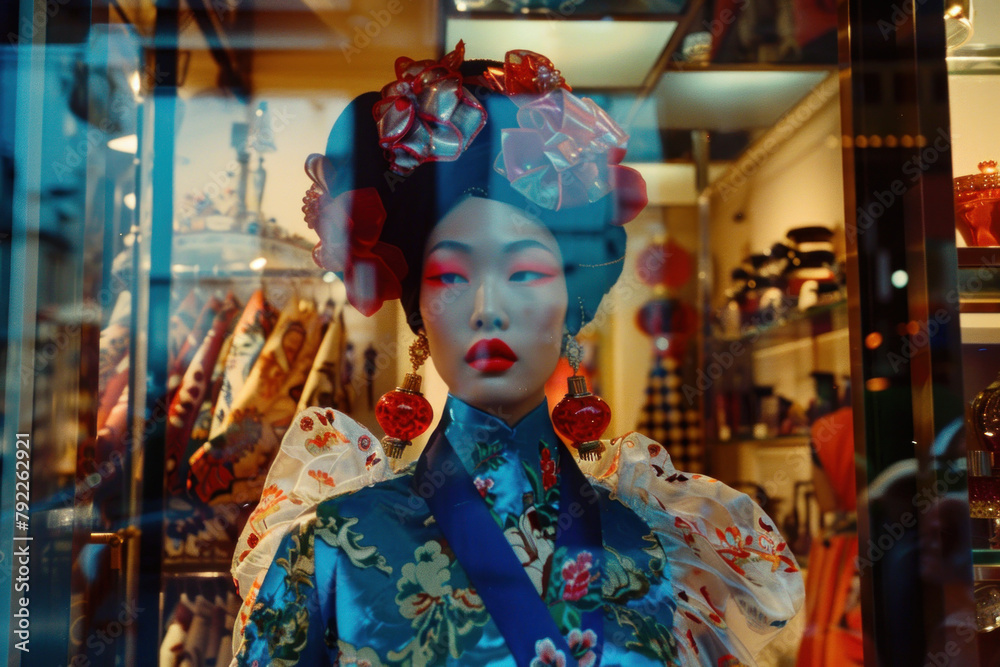 Traditional East Asian Mannequin Dressed in Elaborate Historical Costume with a Modern Twist