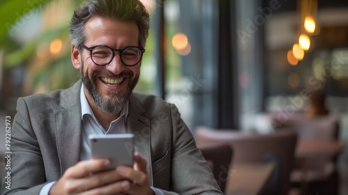 Laughing businessman using smartphone in a cafe, concept of technology in everyday life and business on the go photo