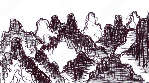 stylized mountain landscape, black and white graphic drawing