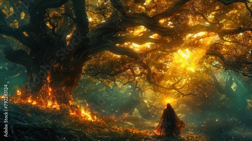 mage calls forth the essence of fire, the primeval power illuminating the gnarled branches with a dancer's grace.