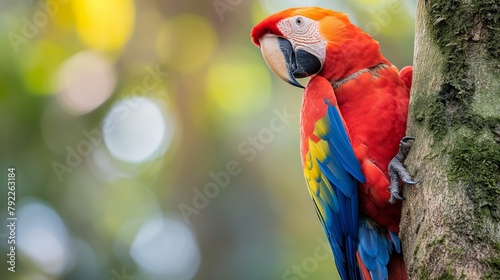 Vivid scarlet macaw perched on a tree in natural habitat  concept of wildlife conservation and tropical biodiversity