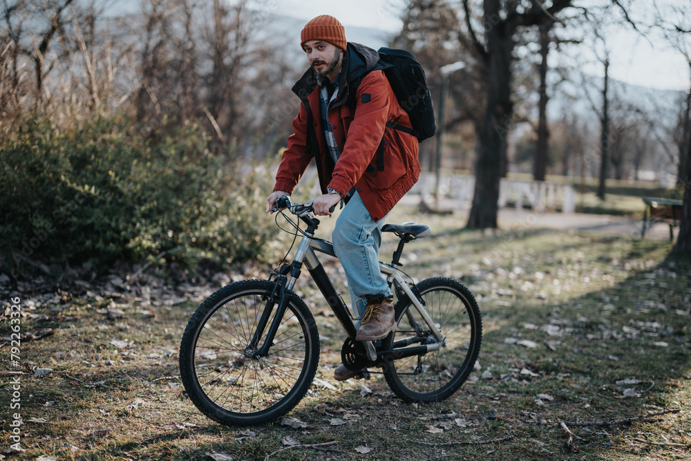 A man in a beanie and jacket enjoys a bike ride in a park with fall foliage, embodying active lifestyle and leisure.