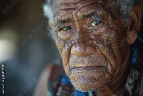 Profound Portrait of an Elderly Indigenous Man with Time-Etched Features and Wisdom in His Eyes