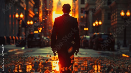 urban landscape becomes a realm of opulence as a man clad in an elegant suit walks with a sense of purpose. photo