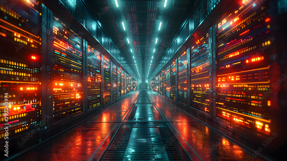 A long, dark corridor filled with rows of glowing datacenter server cabinets, in a futuristic and cyberpunk style