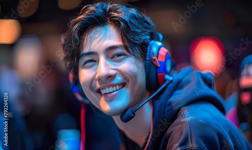 happy male teen asian esport player playing at computer at the cybersport championship 