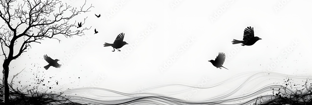 Silhouette of birds flying in the sky - white background 
