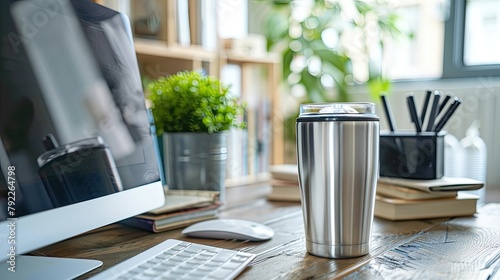 There are 20oz tumbler, computer and books on the desk, simple, real shot  photo