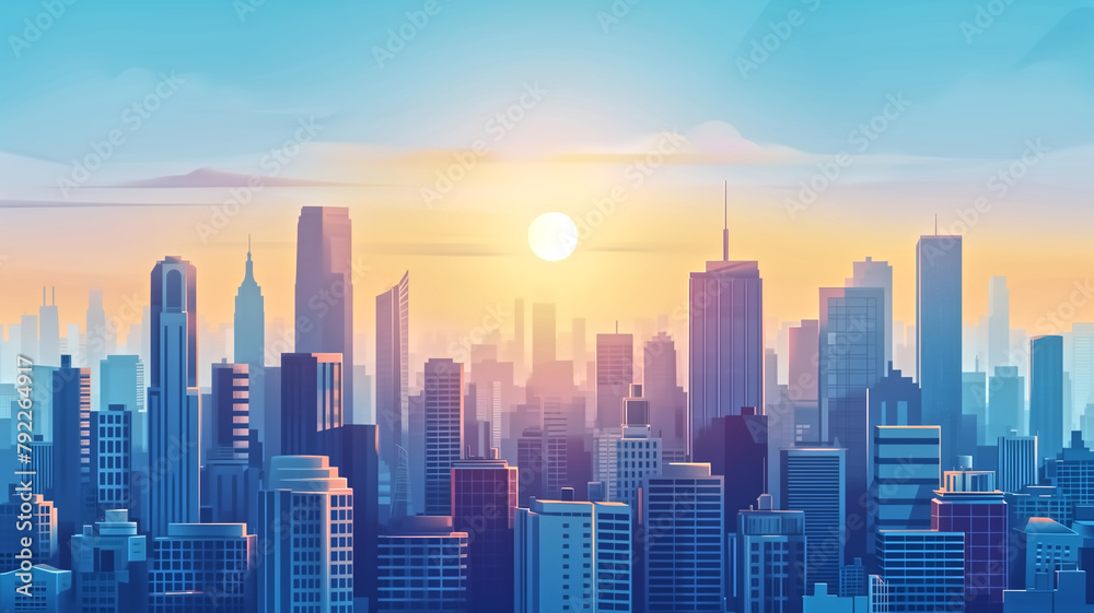 Digital illustration of a peaceful city skyline bathed in the warm hues of sunrise, with the sun casting a soft glow over the buildings.
