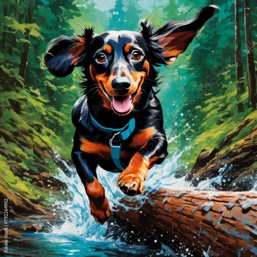 dachshund dog in water ears flapping illustration photo