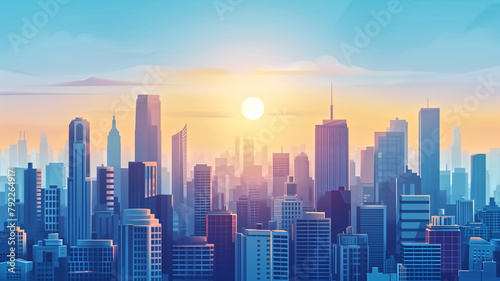 Digital illustration of a peaceful city skyline bathed in the warm hues of sunrise, with the sun casting a soft glow over the buildings. 